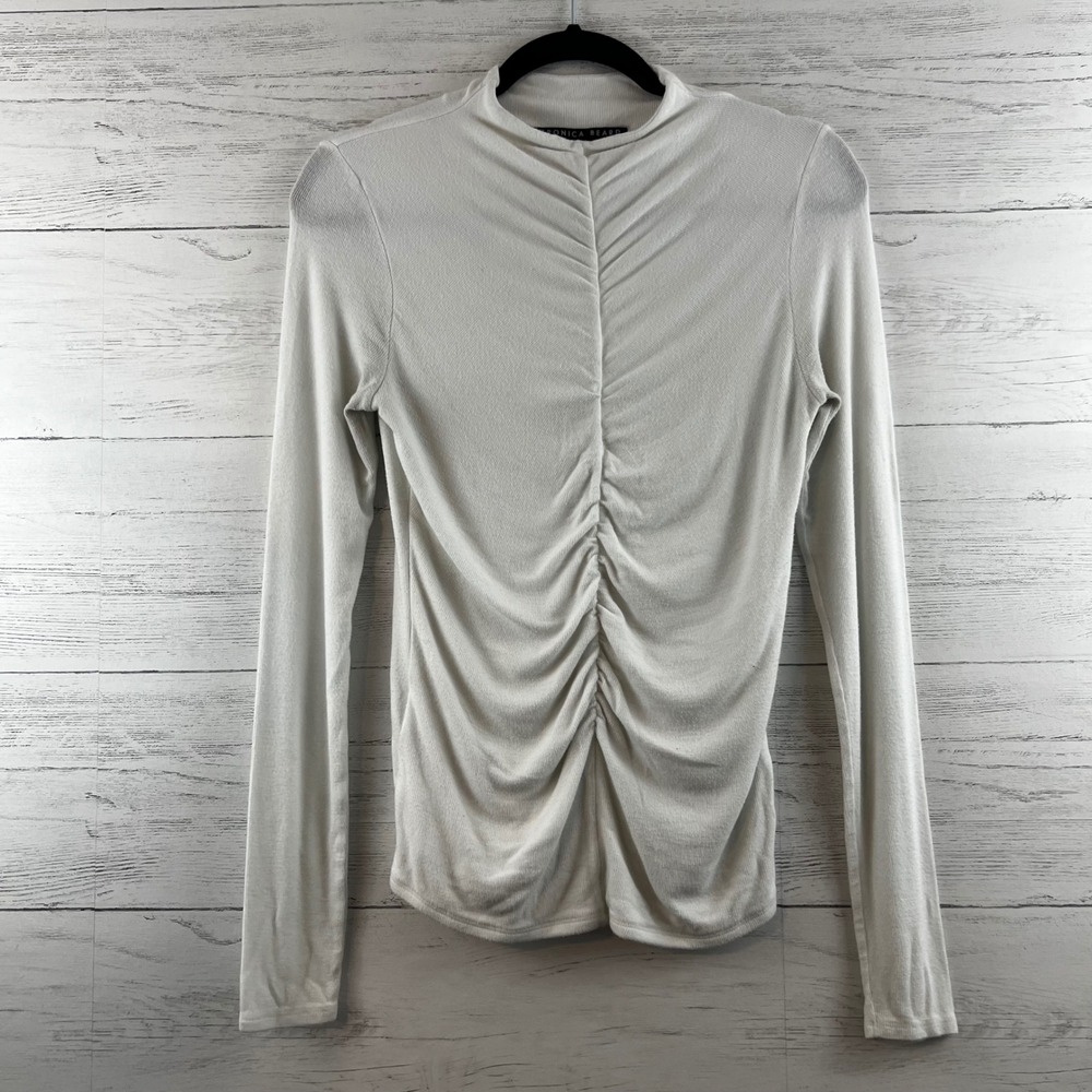 Veronica Beard White Knit Gathered Long Sleeve Sweater Size S